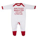 'Born To Love Man Utd Just Like Uncle' Baby Boy Girl Sleepsuit Gift Designed and Printed in the UK Using 100% Fine Combed Cotton (0-3 Months, White/Red Trim)