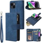 for iPhone 15 Wallet Case,for iPhone 15 Case,Boyobacase PU Leather Wallet Flip Cover Stand Feature[ 6 Card Slots and 1 Zipper Coin Pocket] with Wrist Strap-Blue