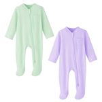 BINIDUCKLING Baby Boys Girls Double Zip Up Sleepsuit - Two-Way Zipper, Baby Footed Pajamas with Mitten Cuffs - Cotton Long Sleeve Onesie for Baby Grows 0-3 Month, Purple and Green