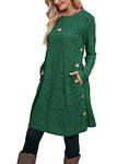 Aokosor Long Sleeve Dress for Women Jumper Dress Ladies Button Tunic Dress with Pockets Dark Green Size 14-16