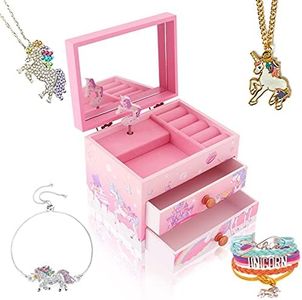 Agitation Kids Unicorn/Castle/Princess Wooden Musical Jewelry Box for Girls with Matching Jewelry Set (C-Pink Unicorn7)