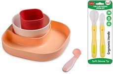 LuvLap 4 Piece Baby Tableware Meal Set, Plate, Bowl, Tumbler and Spoon for Kids or Infants(Peach & Red) & Fun Club Baby Silicone Spoon Set, 2 pcs, Green