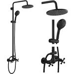 gotonovo Exposed Shower Faucet System 8 Inch Rainfall Shower Head with 8 Function ABS Handheld and Double Cross Handle Wall Mounted Bathroom Luxury Mixer Shower Gourd Faucet Body Matte Black