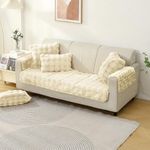 HOKIPO Premium Faux Rabbit Fur Anti Slip 3 Seater Sofa Mat with 2 Armrest Cover, Beige (AR-5015-CRM + AR-5149-CRM*2)