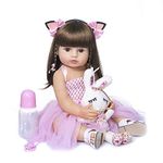 Black Foru Baby Reborn Toddler Baby Dolls Silicone Full Body Girl 22 inch Long Hair Anatomically Correct Waterproof Dolls Reborn Pink Dress Birthday Gift Set for Girls