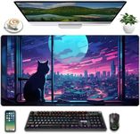 Cool Purple Kawaii Anime Moom Cat Desk Mat XXL Large Gaming Mouse Pad, Cute City Cats Desk Pad for Gamer Girl Women Office Desk Decor Mousepad, Computer Laptop Keyboard and Mouse Mat 31.5x15.75 in