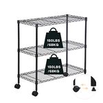 Actask 3-Shelf Shelving Unit on Wheels with Height-Adjustable Shelves and Levelling Feet, Free Standing Shelves Units for Storage with 3 Tier Wire Metal Rack - 450LBS (204KG) Max Weight, Black