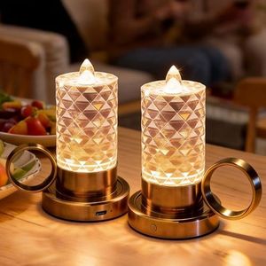 JandCase Flameless Candles, Rechargeable Battery Operated Candles 2 Pack, LED Acrylic Crystal Short Pillar Candles, Dimmable Small Cordless Table Lamp for Valentines Anniversary Wedding Decorations