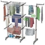 TEX-RO Expandable Clothes Drying Stand for Home|Cloth Dryer Stand with Wheel|Cloth Stand for Drying Clothes Foldable|Stainless Steel Clothes Hanging Stand|Cloth Rack for Balcony(3 Layer, Grey)