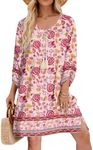 Zeagoo Beach Boho 3/4 Long Sleeve Dress Summer Spring Cover Up Sun Dress for Women Vintage Floral Flowy Tshirt Holiday Vacation Shift Dress 2025 Pink XXL