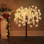 OUSHENG Lighted Cherry Blossom Tree LED Artificial Trees for Decoration Inside, Light up Tree with Faux Flower for Home Patio Wedding Party Festival Christmas Decor, Warm White, 4FT