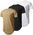 Mens Longline Gym Muscle Bodybuilding Tshirts Hipster Reflective Line Scallop Crewneck Tees Shirts Tops, Black+white+khaki 970, X-Large