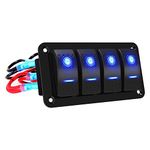 Waterproof 4 Gang Aluminum Toggle Switch Panel, 12V/24V Rocker Switch Panel On-Off Car Boat Switch, Blue LED Switch Panel for Marine Boat Automotive Car RV Truck Vehicles