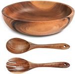 UPTALY Oversized Wooden Salad Bowl (28 x 8.5 cm), No Splicing, Chiseled from Entire Piece of Wood, with Wooden Salad Spoon and Fork Set (26 x 6.8 cm), Acacia Wood Bowl, Large Serving Wooden Bowls