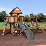 Backyard Discovery Canyon Creek All Cedar Wood Swing Set, Playhouse w/Grill, Plastic Food, Picnic Area, Steering Wheel, Two Belt Swings, Rock Climbing Wall, Balcony, Deck, Web Swing (Gray Slide)