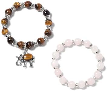 SHOP LC DELIVERING JOY Tiger's Eye Elephant Charm and Rose Quartz Beaded Stretchable Bracelet for Women Set of 2 Birthday Gifts for Women