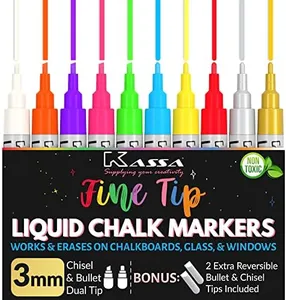 Kassa 10-Pack 3mm Neon Multicolor Chalk Markers | Includes 2 Bullet & Chisel Dual Tips | Works on Chalkboards, Windows, Glass or Mirrors | Erasable & Dust-Free | Ideal for Use at Home, School & Office