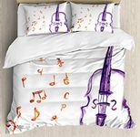 (FULL / QUEEN, Multi 1) - Music Decor Duvet Cover Set by Ambesonne, Musical Notes Instrument Violin Cello Watercolour Based White Backdrop Print, 3 Piece Bedding Set with Pillow Shams, Queen / Full, Purple and Red