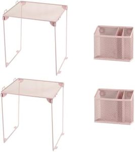 Neudeoc Locker Organizer Kit with Mesh Locker Shelf and Magnetic Pen Holders, 4-Piece Locker Accessories Set for School, Work & Gym, Foldable Stackable Metal Shelf, Fits Standard Lockers, Pink