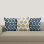 Trance Home Linen 100% Cotton Printed 18x18 inch Cushion Covers for Sofa and Diwan | Throw Pillow/Small Cushion Pillow Covers – (18x18 inch | 45cmx45cm, Dori & Damask Blue)– Set of 3