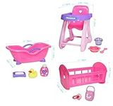 JC Toys Deluxe Doll Accessory Bundle | High Chair, Crib, Bath and Extra Accessories for Dolls up to 11" | Fits 11" La Baby & Other Similar Sized Dolls, Pink (81453)