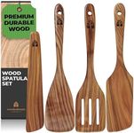 Wooden Spatula for Cooking, Kitchen Set of 4, Kitchen Gifts for Mom, Natural Teak Wooden Utensils including Paddle, Turner Spatula, Slotted Spatula and Wood Scraper. Nonstick cookware.