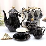 DUJUST 22 pcs Porcelain Tea Set for 6, Luxury British Style Tea/Coffee Cup Set with Golden Trim, Beautiful Tea Set for Women, Tea Party Set, Gift Package (with a Stand) - Black