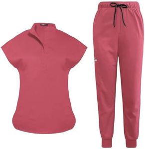 niaahinn Scrubs Set for Women Nurse Uniform Jogger Suit Stretch Top & Pants with Multi Pocket for Nurse Esthetician Workwear, Coral, Medium