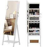 soges Free Standing Jewelry Cabinet Armoire with Storage Shelf, Lockable Jewelry Organizer Cabinet, Full Length Mirror Cabinet Jewelry Chest, Full Mirror Jewelry Holders, White, 10QHXF6252WH-CA