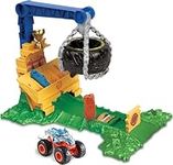 Hot Wheels Monster Trucks Rhinomite Chargin’ Challenge Playset with a 1:64 Scale Toy Rhinomite Truck & 2 Crushed Cars