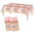 2 Pack 60th Birthday Tablecloth Pink Rose Gold 60th Birthday Table Cover Happy 60th Birthday Decorations for Women Plastic Disposable 60th Birthday Table Cloth 60th Birthday Party Supplies (54"x108")