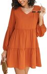 Teepie Casual Dresses for Women Lantern Sleeve Shift Dresses V Neck Loose Flowy Swing Tunic Dress Orange M