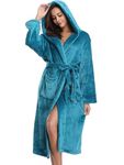 Vlazom Dressing Gown, Flannel Soft Bathrobe Cosy Robes Fluffy Winter Hooded Housecoat for Women/Men, Peacock Blue-with Hooded, 16-18