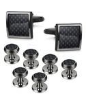 Morfetto 8pcs Mens Carbon Fiber Cufflinks and Shirt Studs Set Tuxedo Shirts Business Wedding Silver Black Tone