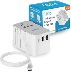 Ceptics 5 in 1 International Travel Adapter with PD 45W Retractable USB-C Cable 65cm, 2X USB-A 2.4A, 1x USB-C 3A, Travel Adapter Worldwide for Laptop, Phones and Cameras for US, EU, UK, UP-45WC-WH