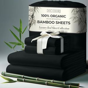 DECOLURE 100% Organic Viscose Derived from Bamboo Sheets King Size 4pcs - Ultra Soft & Luxuriously Cooling, 17" Deep Pocket, Double Stitching, Perfect for Hot Sleepers - King Bed Sheets (Black)