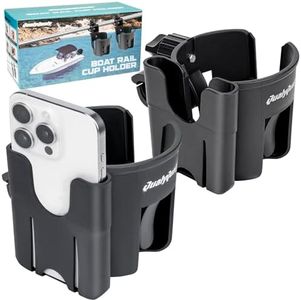 QualyQualy 2-in-1 Boat Rail Cup Holder with Phone Holder 2 Pack, No-Drill Clamp-On Marine Cup Holders 360° Adjustable for Pontoon Boat, Bimini Top, Grab Bar, PWC, Jet Ski, Boat Gifts for Men