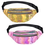 AIYULE 2 Pack Shiny Holographic Fanny Pack, Metallic Color Sport Waterproof Neon Waist Bag with Pouches and Adjustable Belt for Women Men Traveling Running Festival Party, Gold/Purple