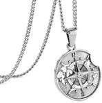 murtoo Compass Necklace, Mens Pendant Necklaces, Silver Necklace for Men， Stainless Steel Mens Necklace， Necklace Silver Gifts for Men/Women Unisex Silver Apple 20"+2"