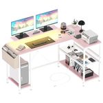 Jojoka L Shaped Computer Desk with Power Outlets & LED Light, Reversible Corner Computer Desk with Storage Shelves & Monitor Stand, Home Office Desk, Gaming Desk, Writing Desk (Pink)