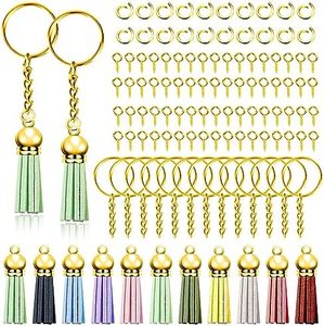 Swpeet 200Pcs Gold Keychain Tassles Kit, Bulk Keychain Rings Set, Key Chain Rings Bulk, Include 50Pcs Keychain Rings, 50Pcs Keychain Tassles, 50Pcs Jump Rings and 50Pcs Screw Eye Pins