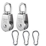 YaeCCC 2pcs M25 Single Pulley Block with 3pcs Spring Snap Hook Carabiner, Pully Crane Swivel Hook Wire Rope Cable 304 Stainless Steel Loading 331lbs/150 kg