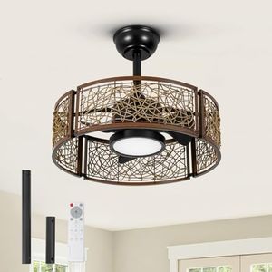 TALOYA 20 Inch Caged Ceiling Fans with Lights Remote Control Flush Mount Low Profile for Bedroom Living Room Outdoor Patio,Reversible,DC Motor,Buzzer On/Off,Dimmable Led Light Included,Black Walnut