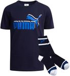 PUMA Boys T-Shirt - 2 Piece Casual Crewneck Short Sleeve Athletic Graphic Tee Shirts for Boys with Matching Socks (S-XL), Size Large, Navy/Blue