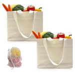 Lunememo Reusable Grocery Bags, Double Wide Handles, 6 Inside Pockets, Canvas Shopping Bags, Heavy Duty, Foldable, Washable, Beige, 2 Pack