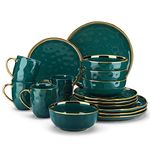 LOVECASA 'Apollo' Gold Rimmed Dinner Plate Set Stoneware Dinnerware Sets for 4, Dinner Set 16 Pcs Dish Set Handmade with Plates, Bowls and Mugs, Vintage Dinner Plate Set, Blackish Green-Golden Rim