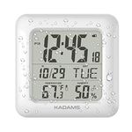 KADAMS Digital Bathroom Shower Wall Clock, Waterproof for Water Spray, Temperature Humidity, Moisture Proof, Water Resistant, Calendar Month Date Day, Suction Cup Stand Hanging Hole Rope Clock [WHITE]