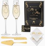 Wedding Cake Knife And Server Set Mr Mrs Champagne Flutes, Bride And Groom Gold Engraved Toasting Glasses With Cocktail Napkins Cake Cutting Set For Wedding, Personalized Engagement Gifts For Couple