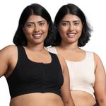 Adira | Plus Size Front Closure Bras | Non-Padded & Non-Wired Bras | High Racer Back for Support & Posture | Wire-Free & Full Coverage | Plus Size | Front Opening | Pack of 2 | Black & Skin | 6XL