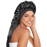 Long Satin Bonnet Sleep Cap Extra Large Silk Sleeping Cap with Wide Elastic Band Loose Night Hat for Women Braids,Curly Hair,Natural Hair,Very Soft & Comfortable (Black), Black, One Size